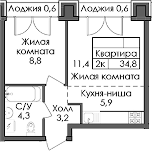 1-комнатная квартира 34.8 м², 8/9 эт., ЖК «Лермонтовский 54»